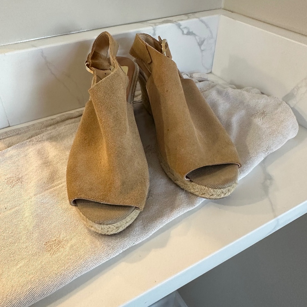 Wedge, suede, peep toe sandals.